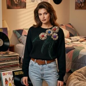 L'eau Vive Vintage 1980s Embellished Knit Women's Festive Pullover Sweater sz S